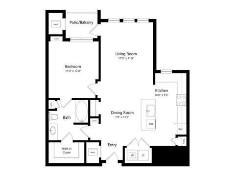A floor plan of a home with a living room, dining room, kitchen, and bath.